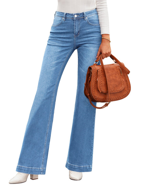 Front view of model wearing light blue mid-waist stretchable straight leg denim jeans