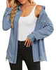Front view of model wearing light blue frayed hem distressed button-down denim jacket