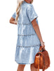 Roadknight Blue Women's Short Sleeve Button Down Flowy Tiered Babydoll Denim Dress