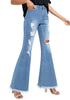 Side view of model wearing Blue Ripped Mid-Waist Flared Denim Jeans