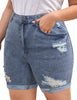 Angled shot of model wearing light blue high-waist cuffed hem distressed denim biker shorts