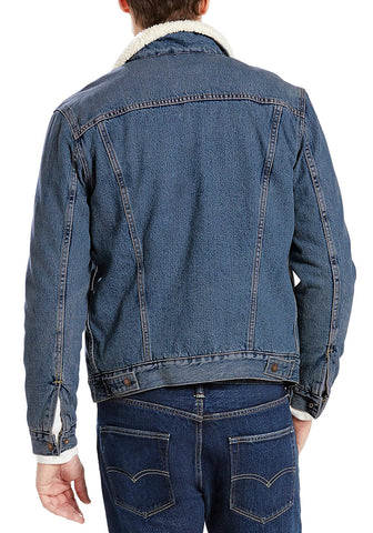 Men's Blue Fleece Lapel Button Down Denim Jacket