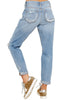 Back view of model wearing light blue cuffed hem ripped boyfriend jeans