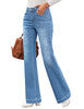Side view of model wearing light blue mid-waist stretchable straight leg denim jeans