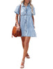 Roadknight Blue Women's Short Sleeve Button Down Flowy Tiered Babydoll Denim Dress