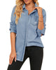 Front view of model wearing light blue frayed hem distressed button-down denim jacket