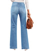 Back view of model wearing light blue mid-waist stretchable straight leg denim jeans