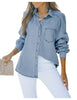 Front view of model wearing light blue puff sleeves button-down top