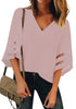 Cradle Pink Women's V Neck Shirt Printed Top 3/4 Bell Sleeve Mesh Panel Blouse