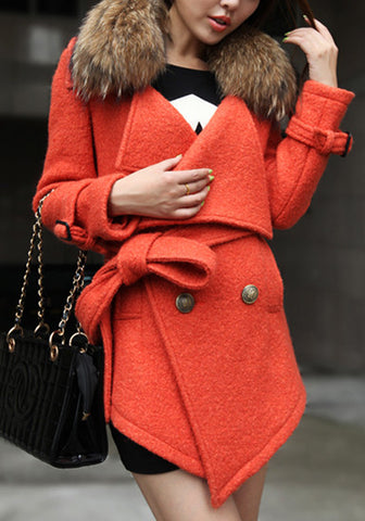Detachable Faux Fur Collar Coat - Orange