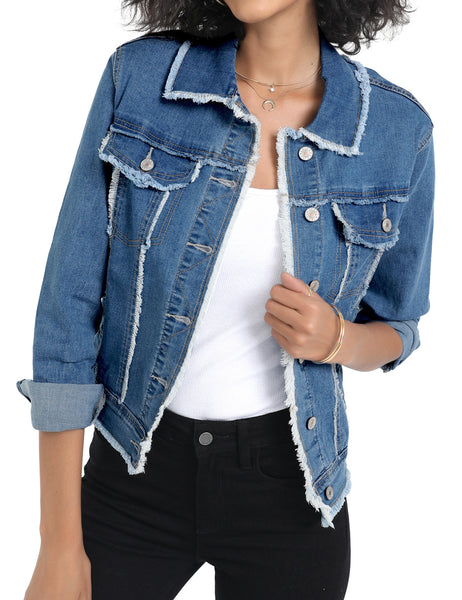 Women's Basic Long Sleeves Button Down Fitted Denim Jean Jackets