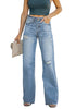 Front view of model wearing Blue Ripped Knee Wide-Leg Straight Jeans