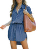 Model wearing blue elastic waist curved hem button down denim shirt dress