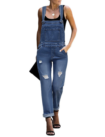 Dark Blue Cuffed Hem Ripped Bib Denim Overall Jumpsuit