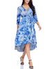 Front view of model wearing blue tie-dye high-low plus size wrap skater dress