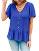 Model poses wearing royal blue V-neckline buttons loose peplum top