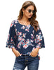 Women's 3/4 Bell Sleeve Mesh Panel Blouse Floral Printed Shirt Top