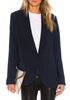 Front view of model wearing navy blue lapel patch pockets boyfriend blazer
