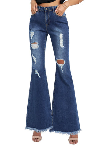 Deep Blue Ripped-Waist Rise Flared Denim Jeans