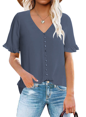 Steel Blue Ruffle Trim Short Sleeves V-Neck Button-Down Top