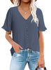 Model wearing steel blue ruffle trim short sleeves V-neck button-down top