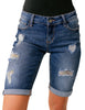 Front view of model wearing deep blue women mid-waist frayed bermuda denim shorts