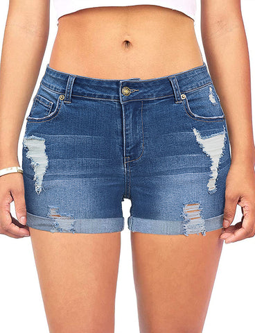 Women Mid Rise Stretch Denim Shorts Ripped Cuffed Hem Jean Shorts