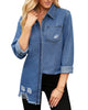 Front view of model wearing blue frayed hem distressed button-down denim jacket