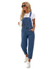 Model wearing blue cuffed denim bib jeans overalls