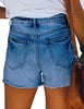 Deep Blue High Waist Ruched Hem Distressed Denim Shorts
