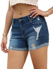 Women Mid Rise Stretch Denim Shorts Ripped Cuffed Hem Jean Shorts