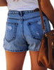 Back view of model wearing blue mid-waist distressed washed denim shorts