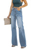 Side view of model wearing Blue Ripped Knee Wide-Leg Straight Jeans