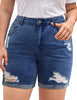 Front view of model wearing blue high-waist cuffed hem distressed denim biker shorts