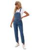 Angled shot of model wearing blue cuffed denim bib jeans overalls