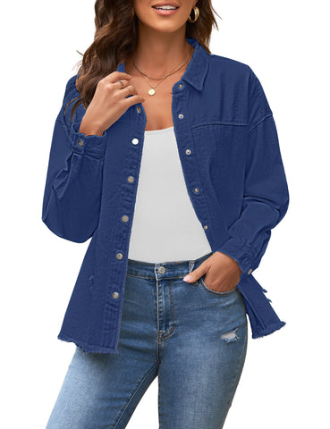 Womens Denim Jacket Oversized Button Down Shirts Jean Shacket Distressed Frayed Coat