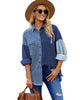 Front view of model wearing blue drop shoulders contrast corduroy button-down jacket