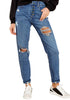 Posing model wearing women's dark blue distressed button-up boyfriend jeans
