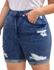 Side view of model wearing blue high-waist cuffed hem distressed denim biker shorts