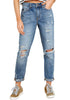 Front view of model wearing blue cuffed hem ripped boyfriend jeans