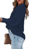 Side view of model wearing navy blue lantern sleeves button-down pleated chiffon top