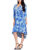 Frontal view of model wearing blue tie-dye high-low plus size wrap skater dress