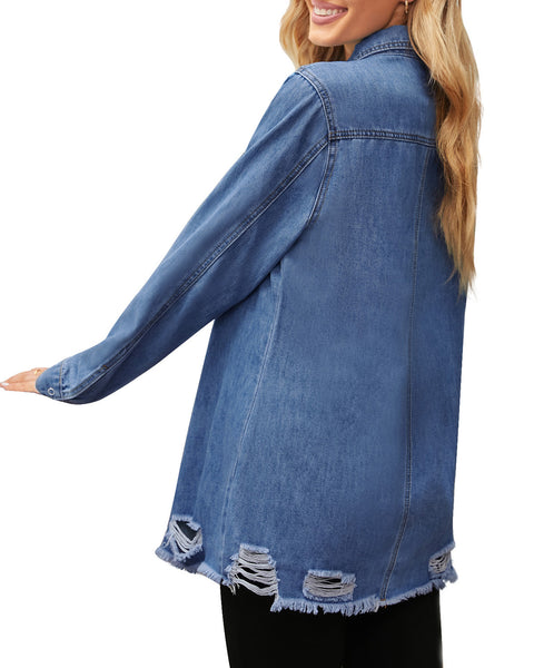 Side view of model wearing blue frayed hem distressed button-down denim jacket