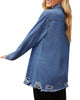 Side view of model wearing blue frayed hem distressed button-down denim jacket