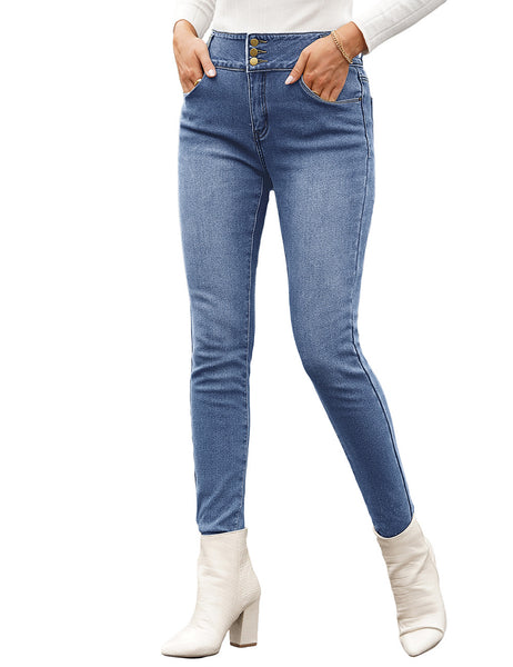 Blue Triple Button Fleece-Lined Skinny Denim Jeans