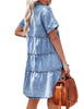 Bay Blue Women's Short Sleeve Button Down Flowy Tiered Babydoll Denim Dress