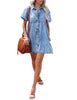 Bay Blue Women's Short Sleeve Button Down Flowy Tiered Babydoll Denim Dress