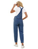 Back view of model wearing blue cuffed denim bib jeans overalls