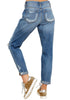 Back view of model wearing blue cuffed hem ripped boyfriend jeans