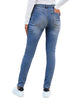 Back view of model wearing dark blue mid-waist skinny fit denim jeans